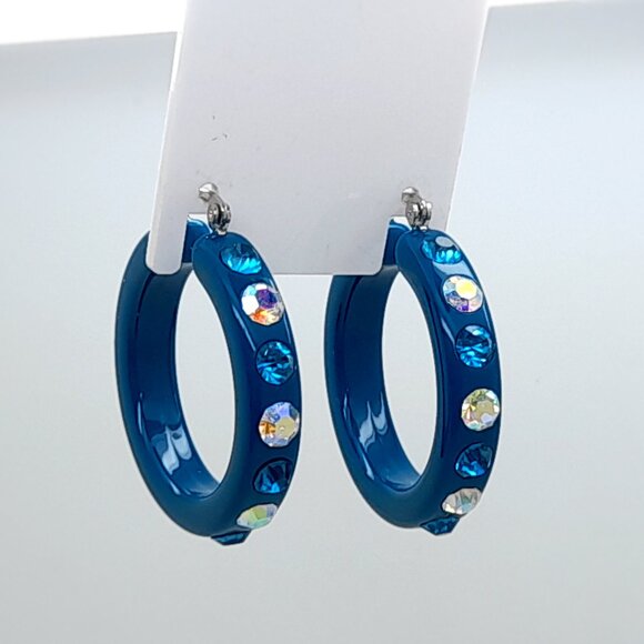 chunky dark blue zircon Lucite Acrylic wide 1.5 Hoop Latch Back Fashion Earrings - Picture 3 of 4